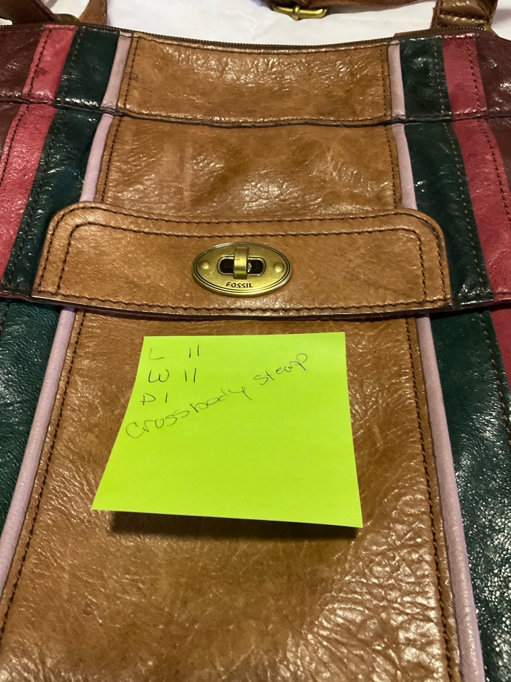 Fossil Brown Leather Shoulder Bag with Green and Pink Stripes